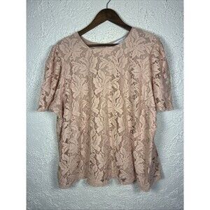 Liz Claiborne Womens Lace Blouse Pink Floral Short Sleeve Dressy Career Top 2x